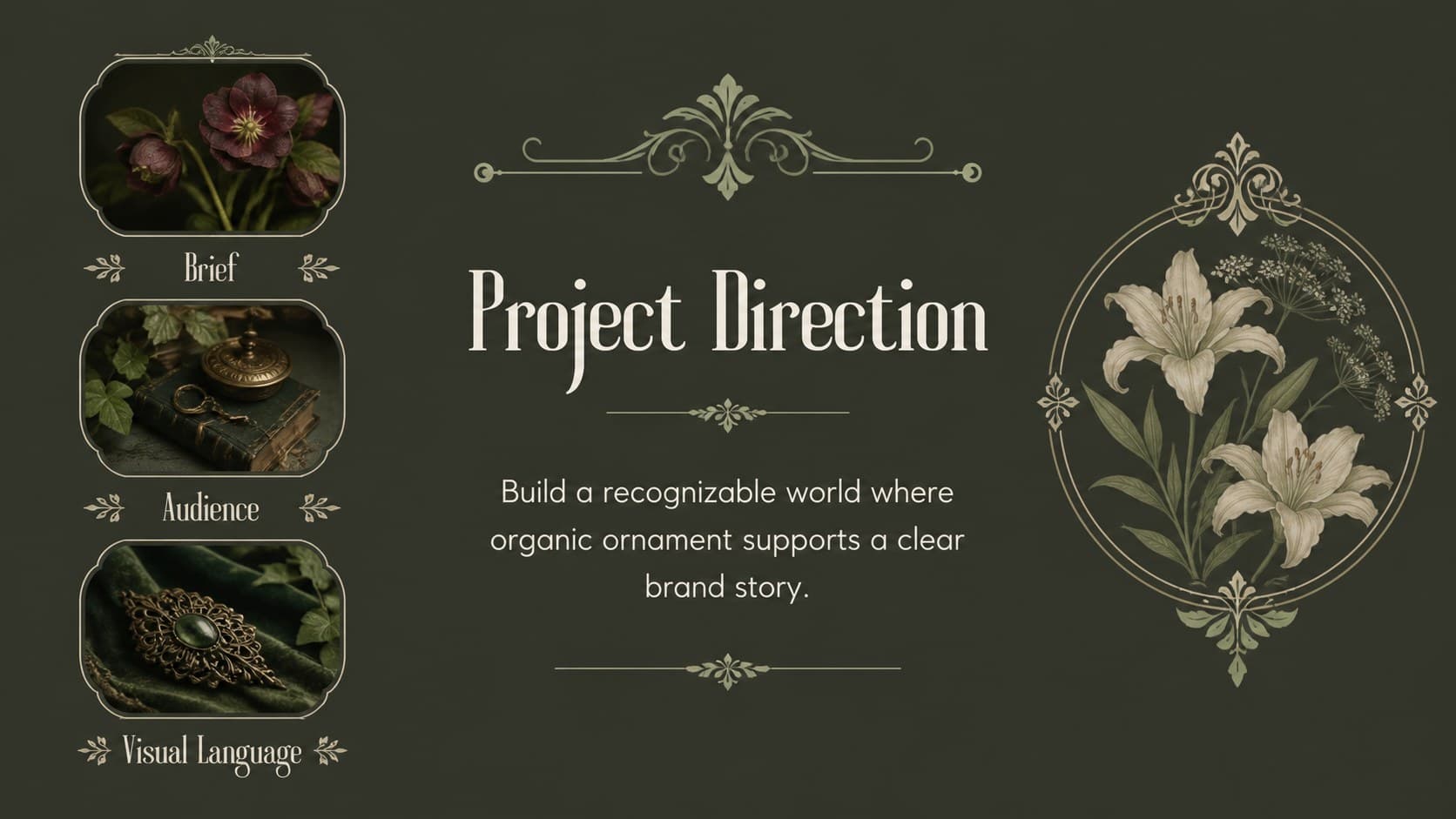 Vintage botanical presentation slide showing a creative project overview with image, brief, and design direction.