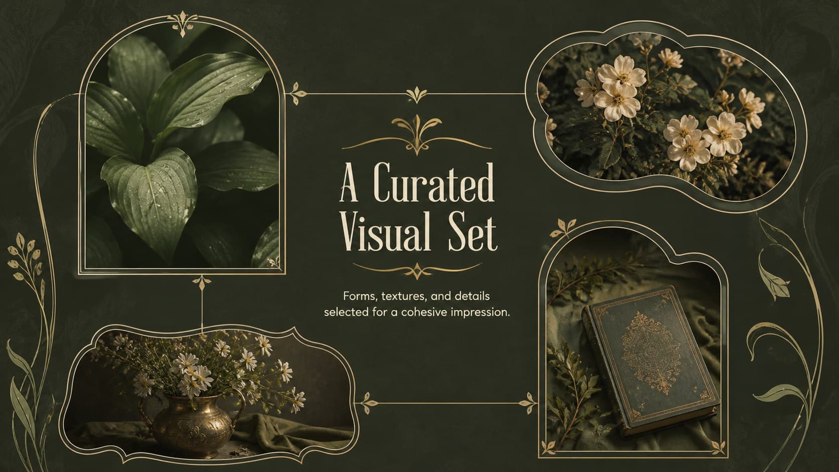 Floral agency presentation slide displaying a curated creative portfolio image gallery in a dark green frame.