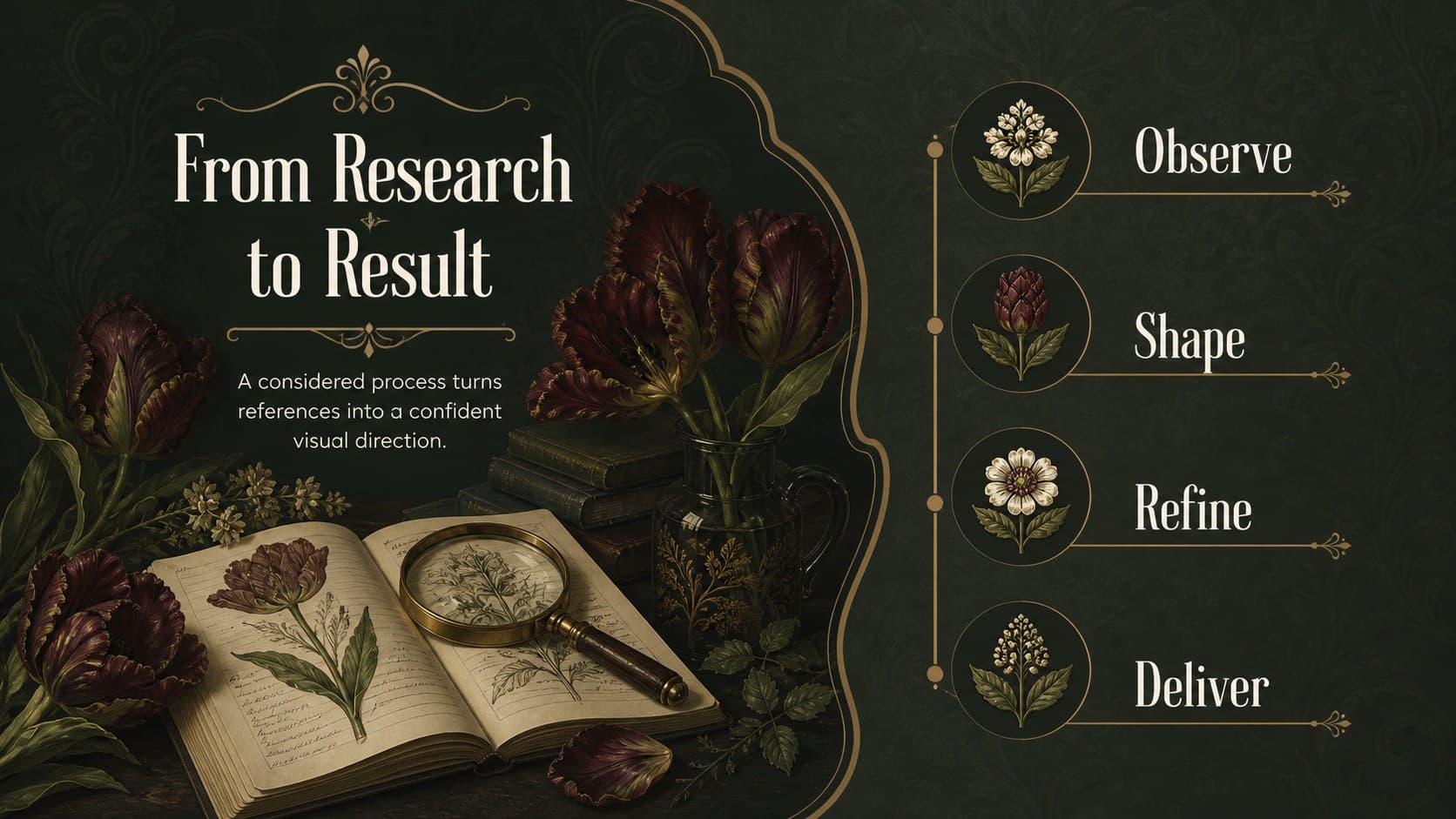 Art nouveau portfolio showcase process slide mapping research, concept, refinement, and delivery.