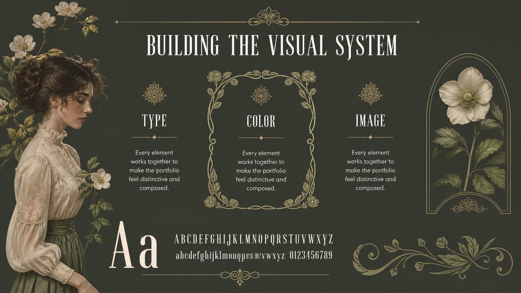Dark green creative portfolio slide comparing visual elements, typography, and imagery in an editorial art nouveau layout.