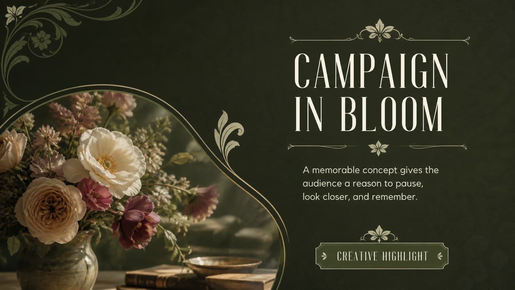 Vintage botanical presentation slide highlighting a campaign concept with a prominent creative image and supporting copy.