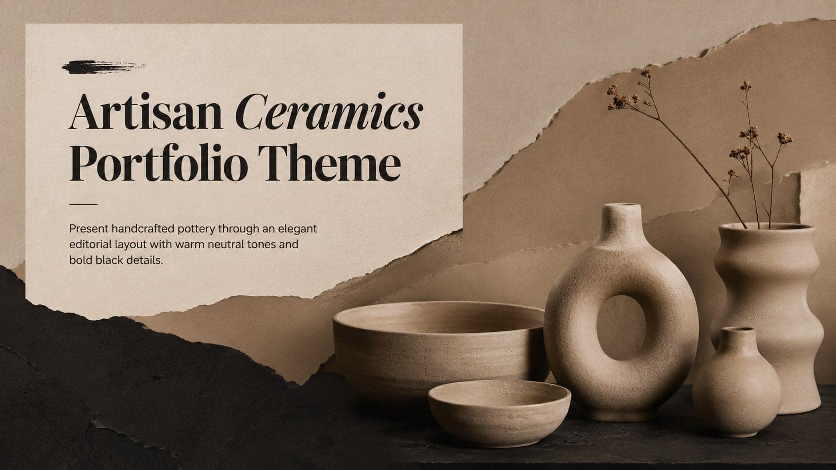 Cover of the Artisan Ceramics Portfolio Theme with sculptural pottery against a warm nude and black editorial background.