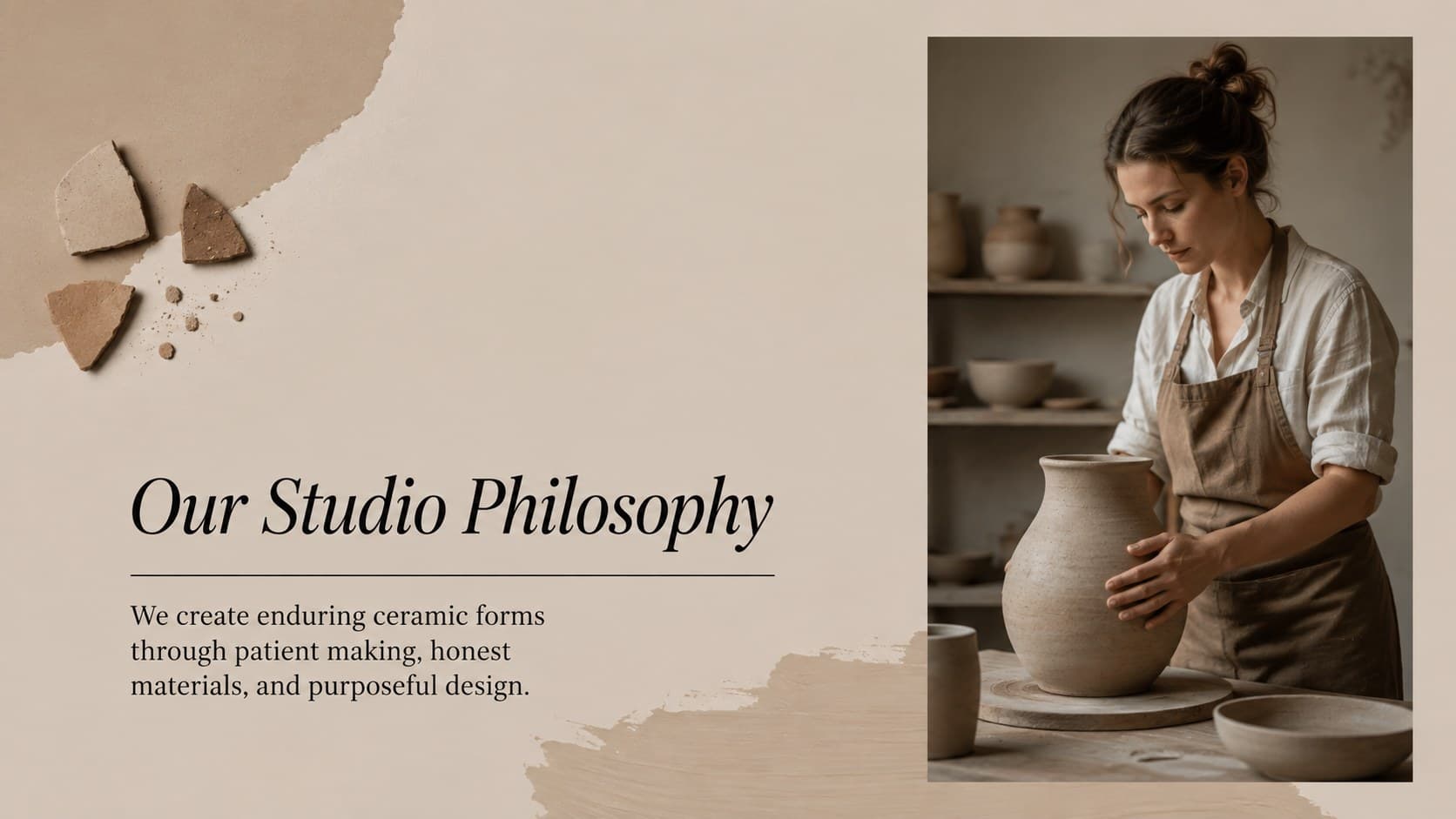 Ceramic artist portfolio presentation slide introducing a pottery studio and its creative philosophy.