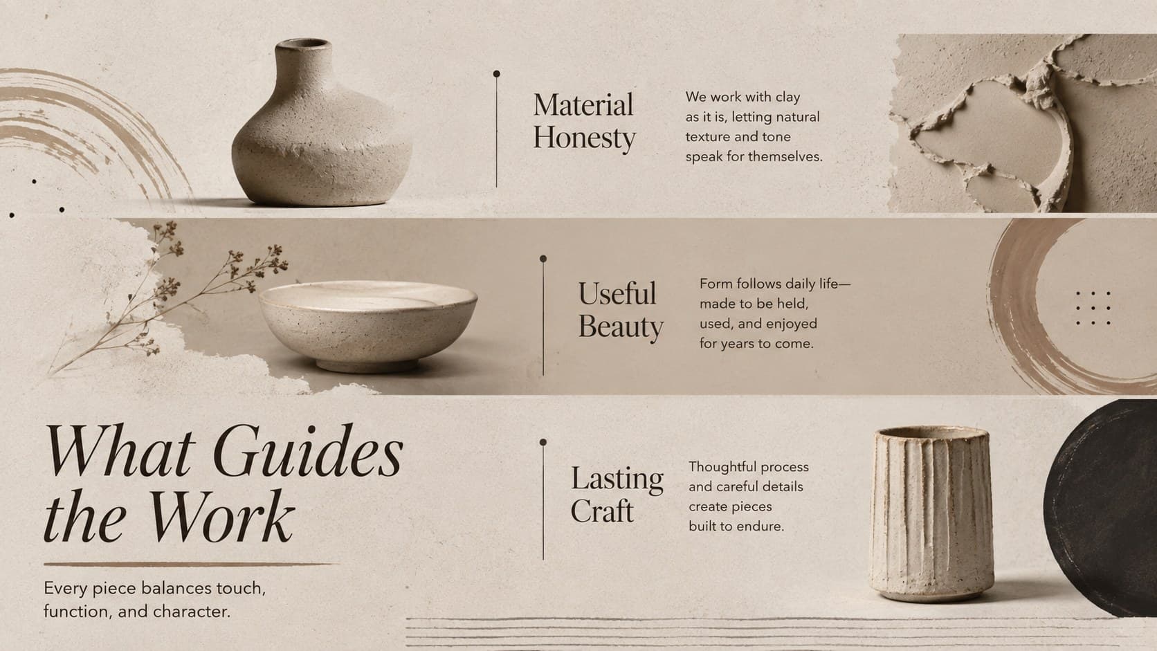 Pottery portfolio slide featuring three guiding principles for an artisan ceramics practice.