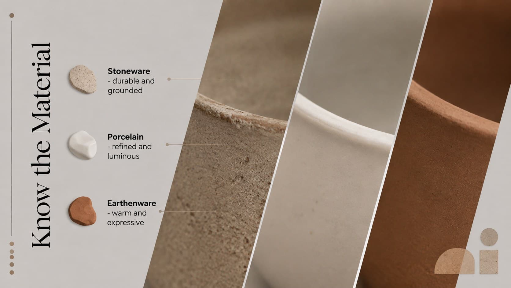 Minimal ceramics presentation template slide comparing stoneware, porcelain, and earthenware materials.