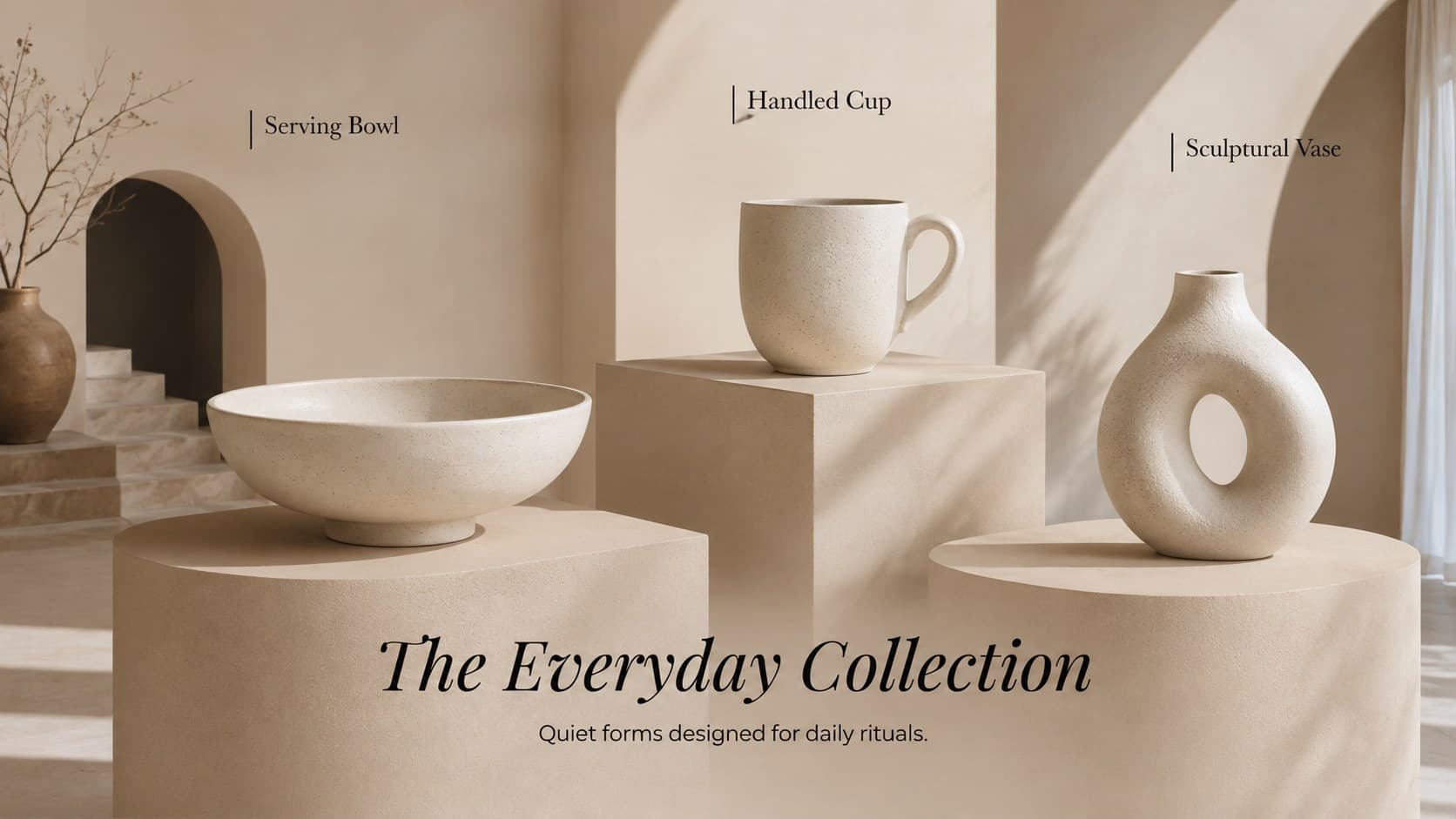 Handmade ceramics product showcase displaying three coordinated pottery collection pieces.