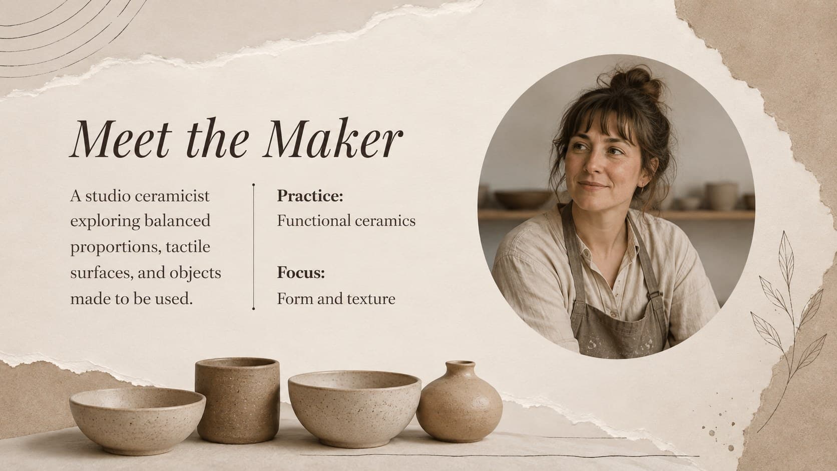 Ceramic studio introduction slide profiling an original artisan and their approach to handmade pottery.
