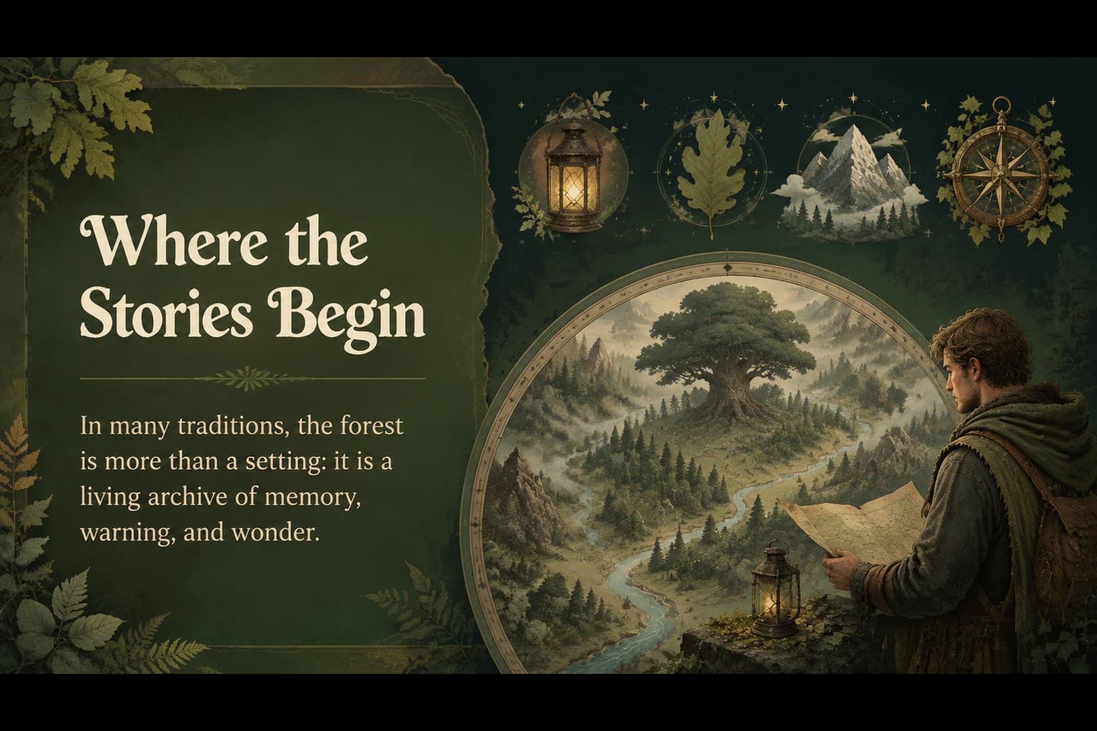 Introduction slide presenting the role of forests in an Asian folklore storytelling presentation.