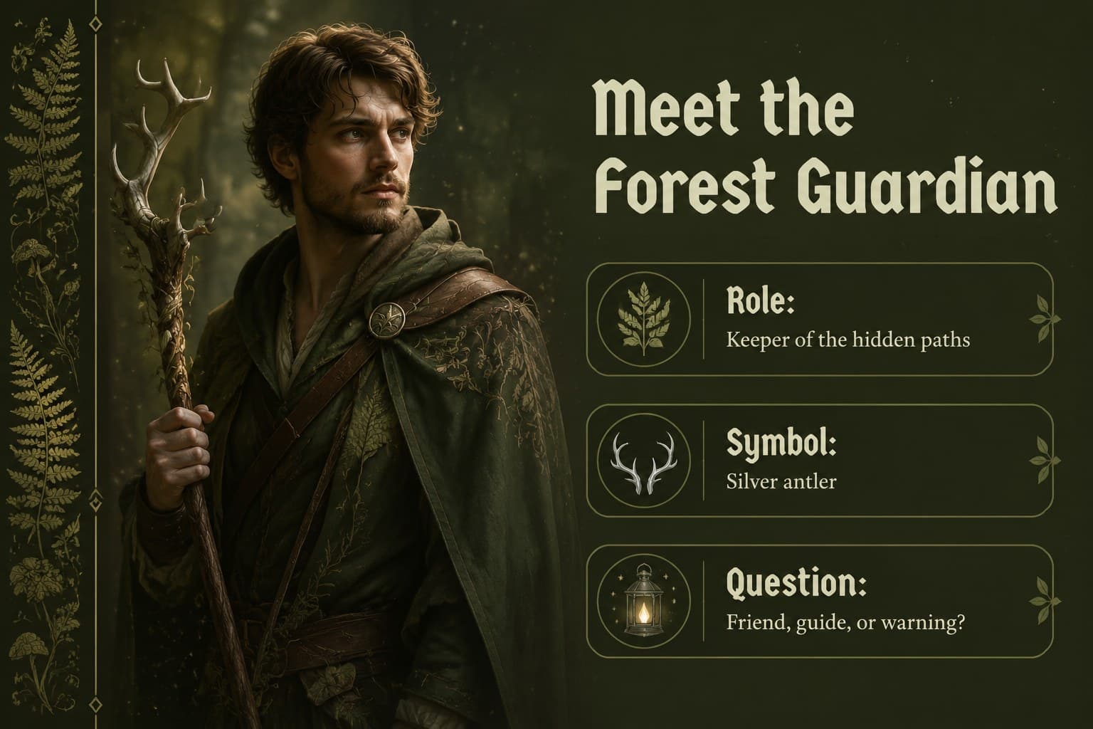 Character profile slide for a forest spirit in a green fantasy storytelling presentation.