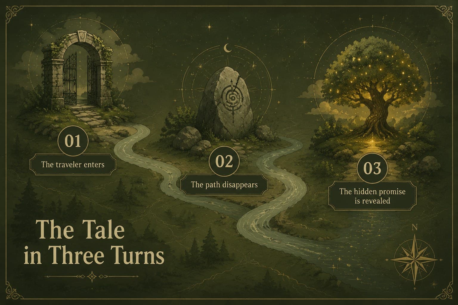 Story sequence slide showing a three-part forest folklore narrative with illustrated landmarks.