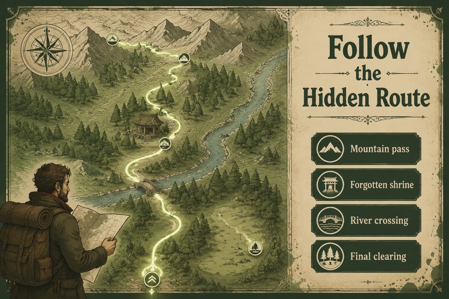 Map-style slide tracing a mythical journey through mountains, rivers, and an ancient forest.