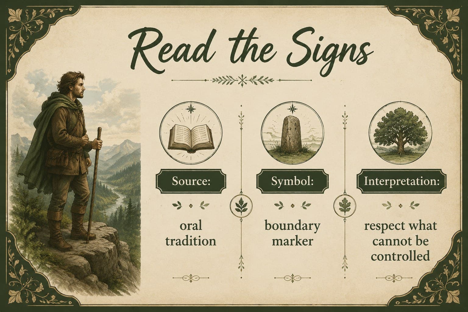 Research slide organizing evidence, symbols, and interpretations for a forest folklore storytelling workshop.