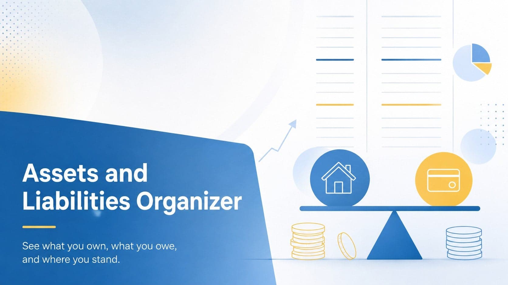 Cover of the Assets and Liabilities Organizer featuring a modern blue, white, and yellow gradient layout.