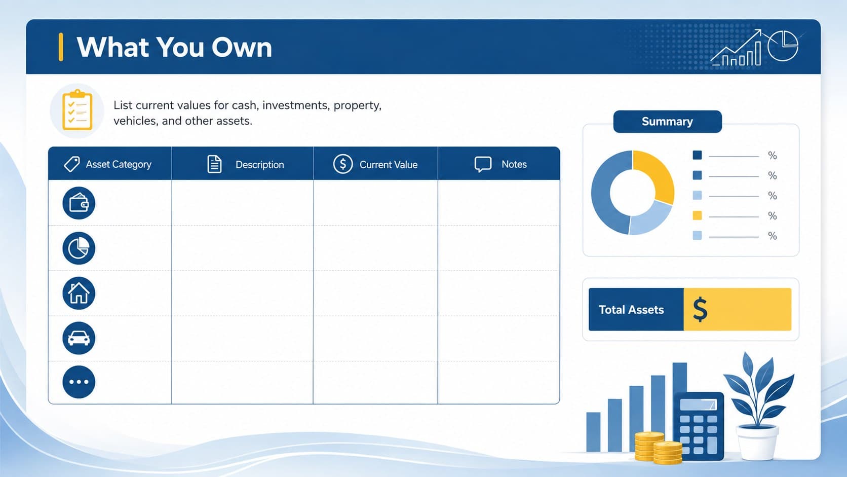 Personal asset inventory spreadsheet with organized categories for cash, investments, property, and other holdings.