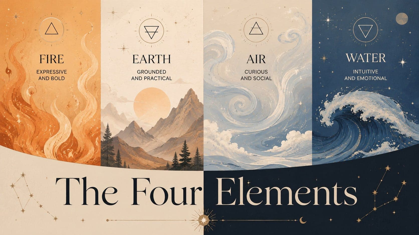 Astrology elements slide comparing fire, earth, air, and water sign qualities.