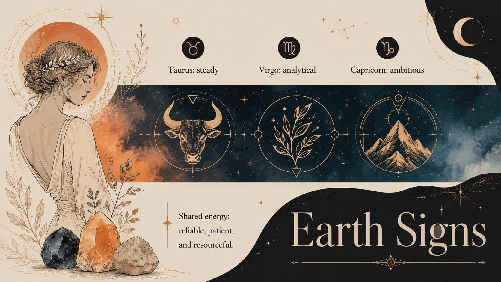 Earth sign profile for Taurus, Virgo, and Capricorn in a birth chart basics presentation.