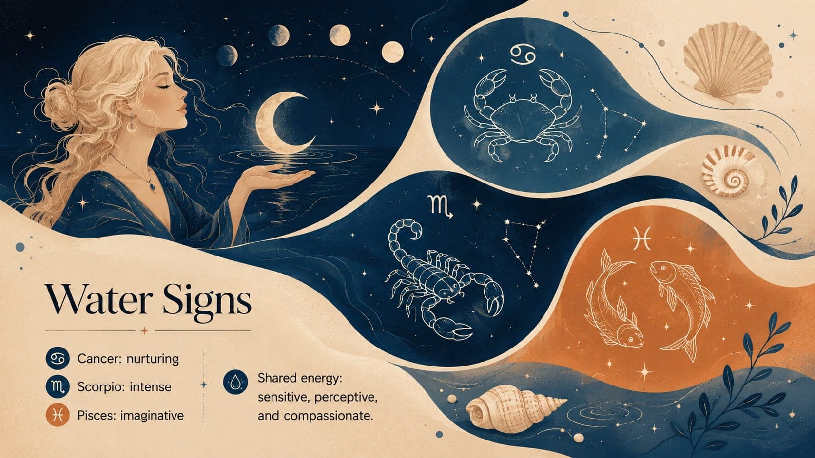 Water sign horoscope slide presenting Cancer, Scorpio, and Pisces traits.