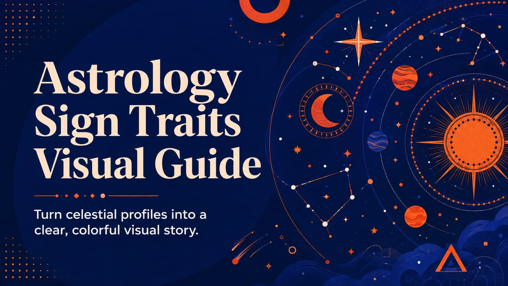 Blue and orange cover for an astrology sign traits visual guide with original celestial illustrations and zodiac symbols.