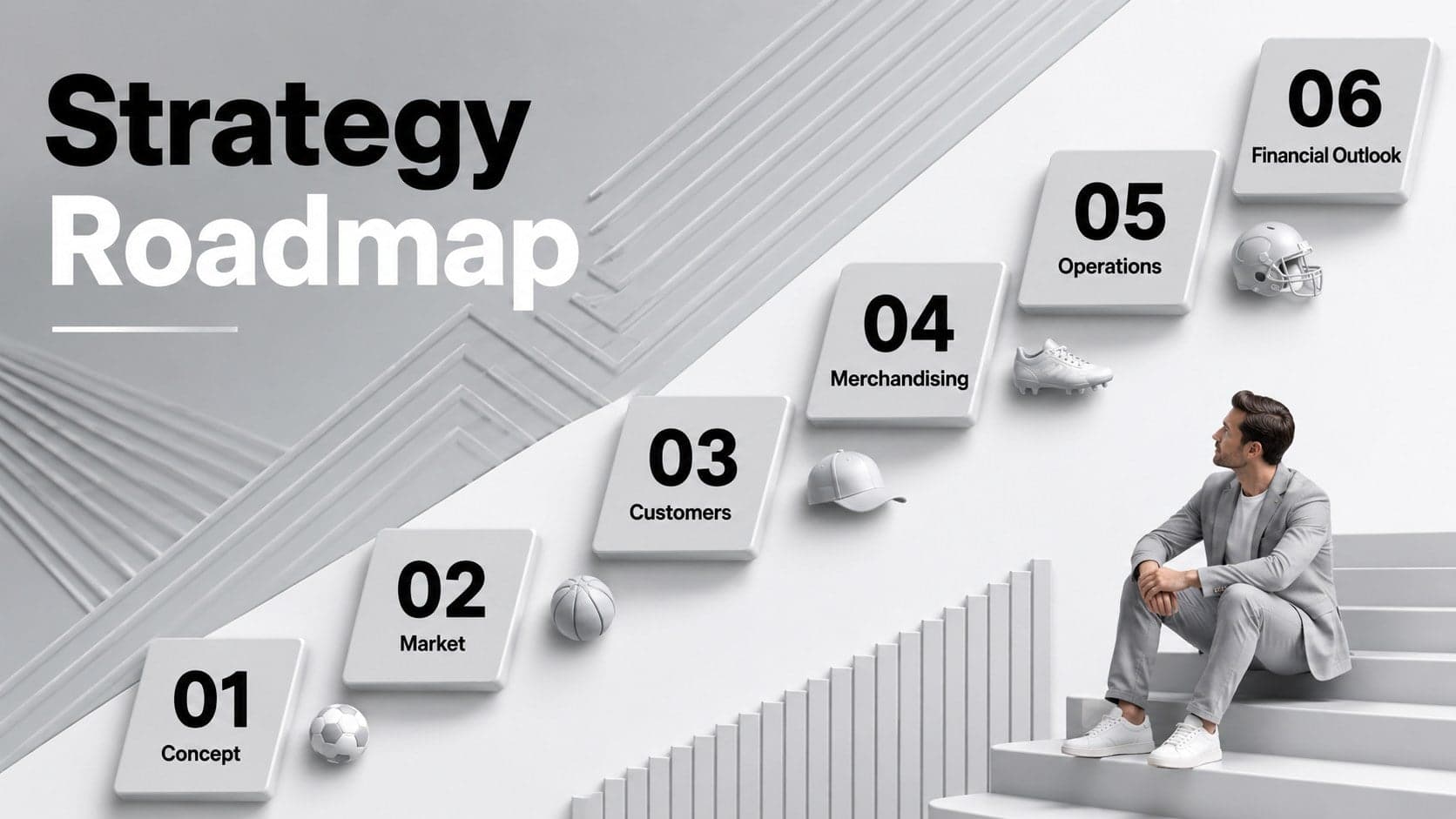 Sporting goods retail pitch deck agenda with sections for market, customers, operations, and financials.