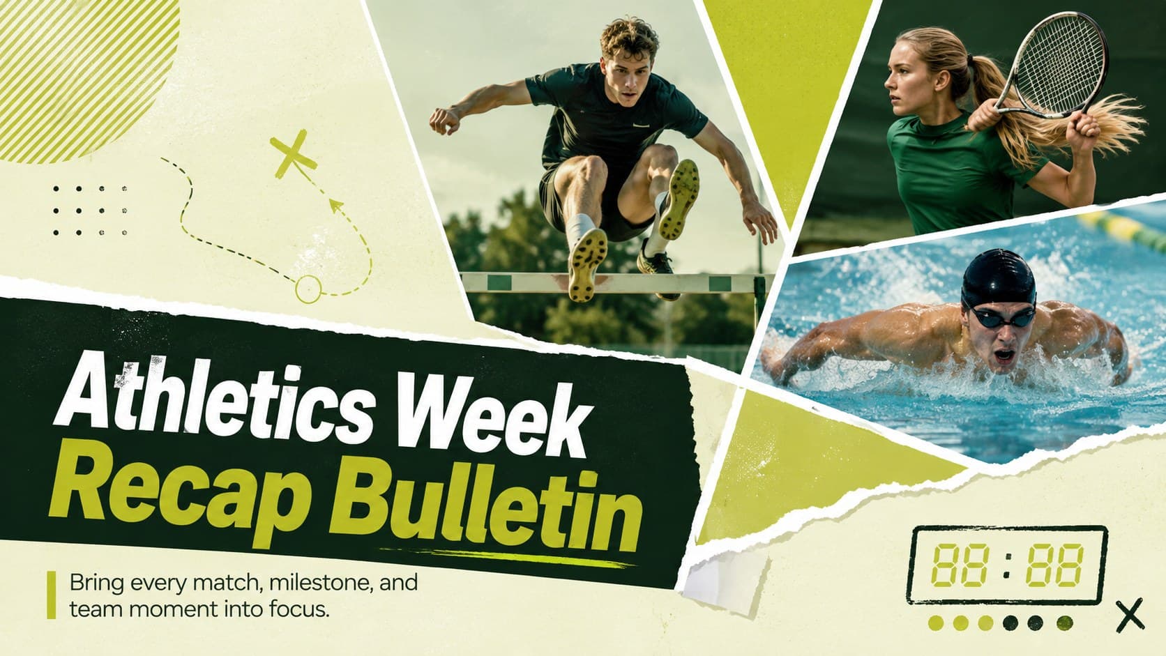Green collage cover for the Athletics Week Recap Bulletin with sports photography and layered paper details.