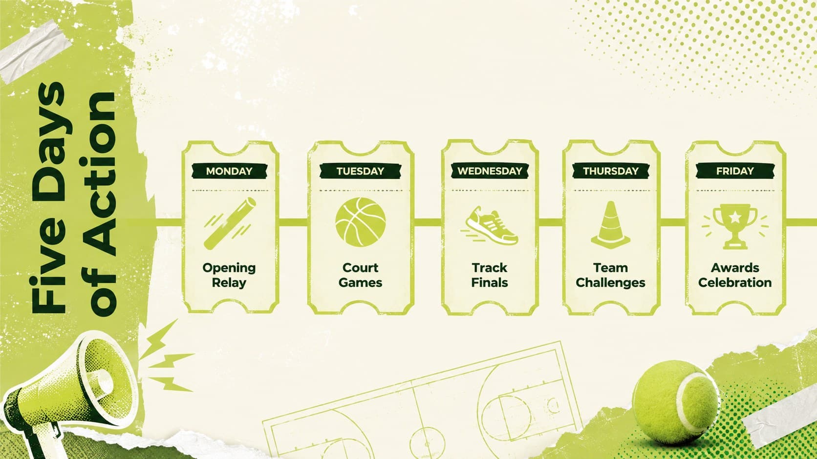 Green sports event schedule slide showing a five-day athletics week program.