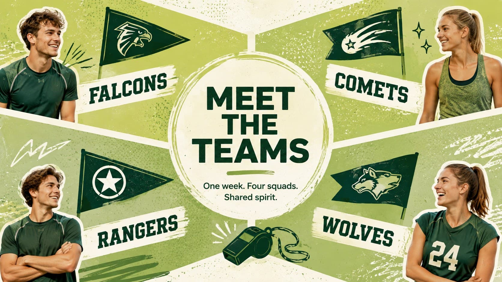 Team introductions slide for an athletics week recap with four color-coded squad profiles.