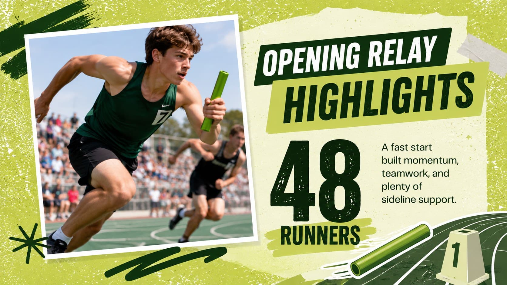 Athletics week opening relay highlight slide with action photography and a concise event summary.
