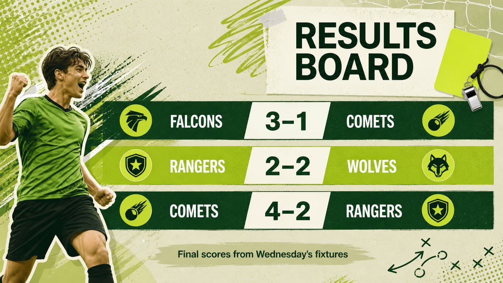 Match results newsletter slide displaying three final scores in a bold green scoreboard layout.