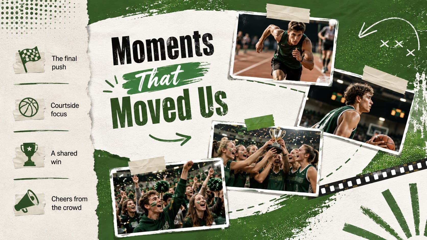 Sports week photo story slide featuring original action images in a dynamic green collage.