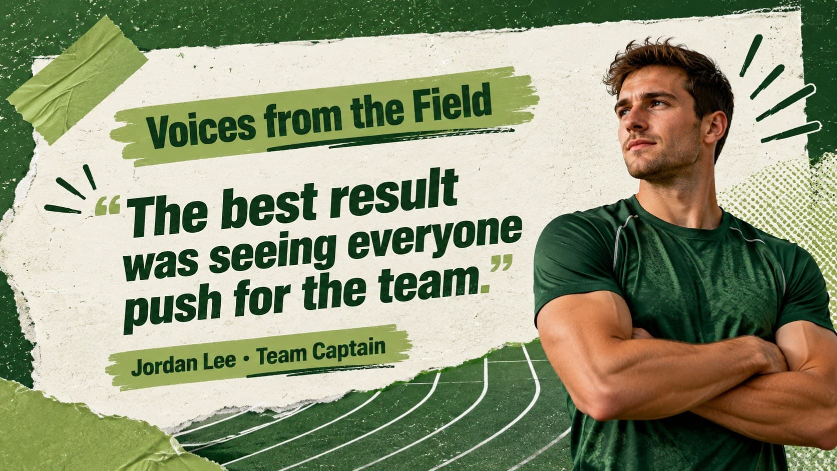 Athlete quote slide in a green paper collage style celebrating teamwork during sports week.