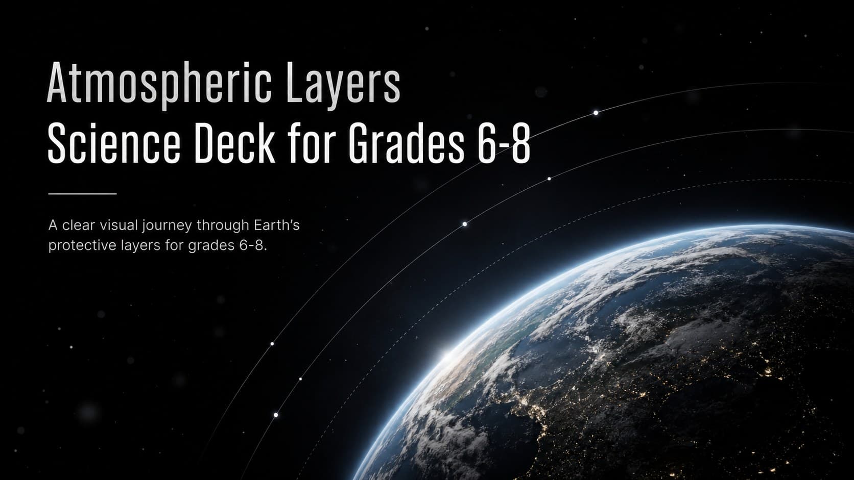 Cover of the Atmospheric Layers Science Deck for Grades 6-8 with a dark Earth and atmospheric glow.