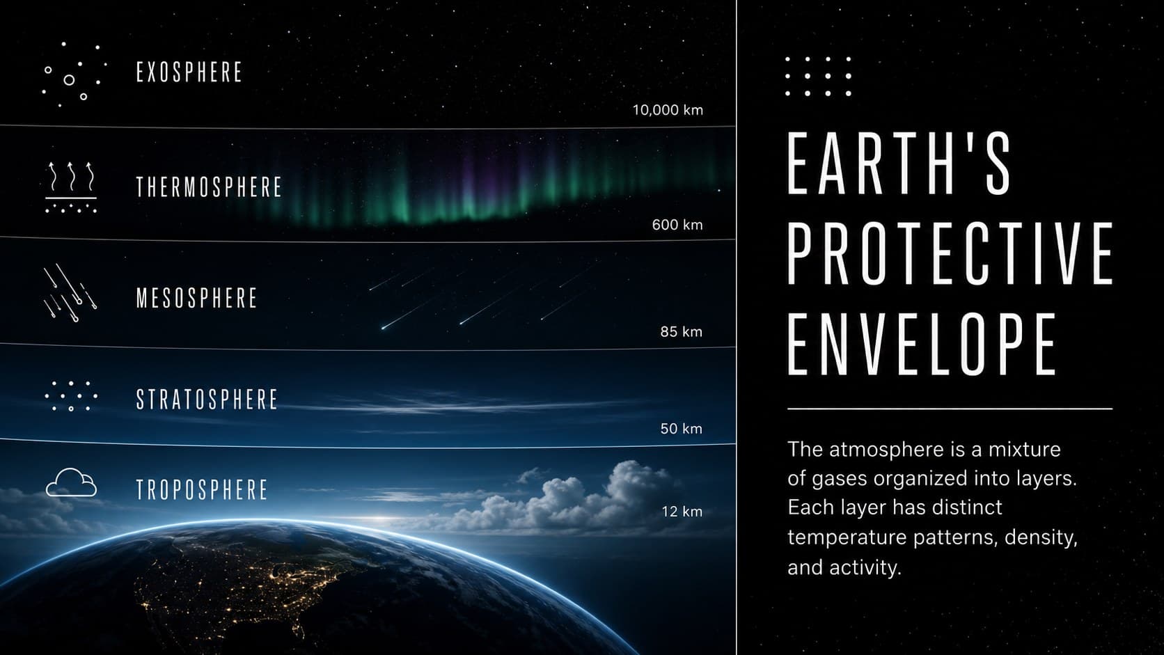 Earth atmosphere overview slide showing five atmospheric layers from the surface to space.
