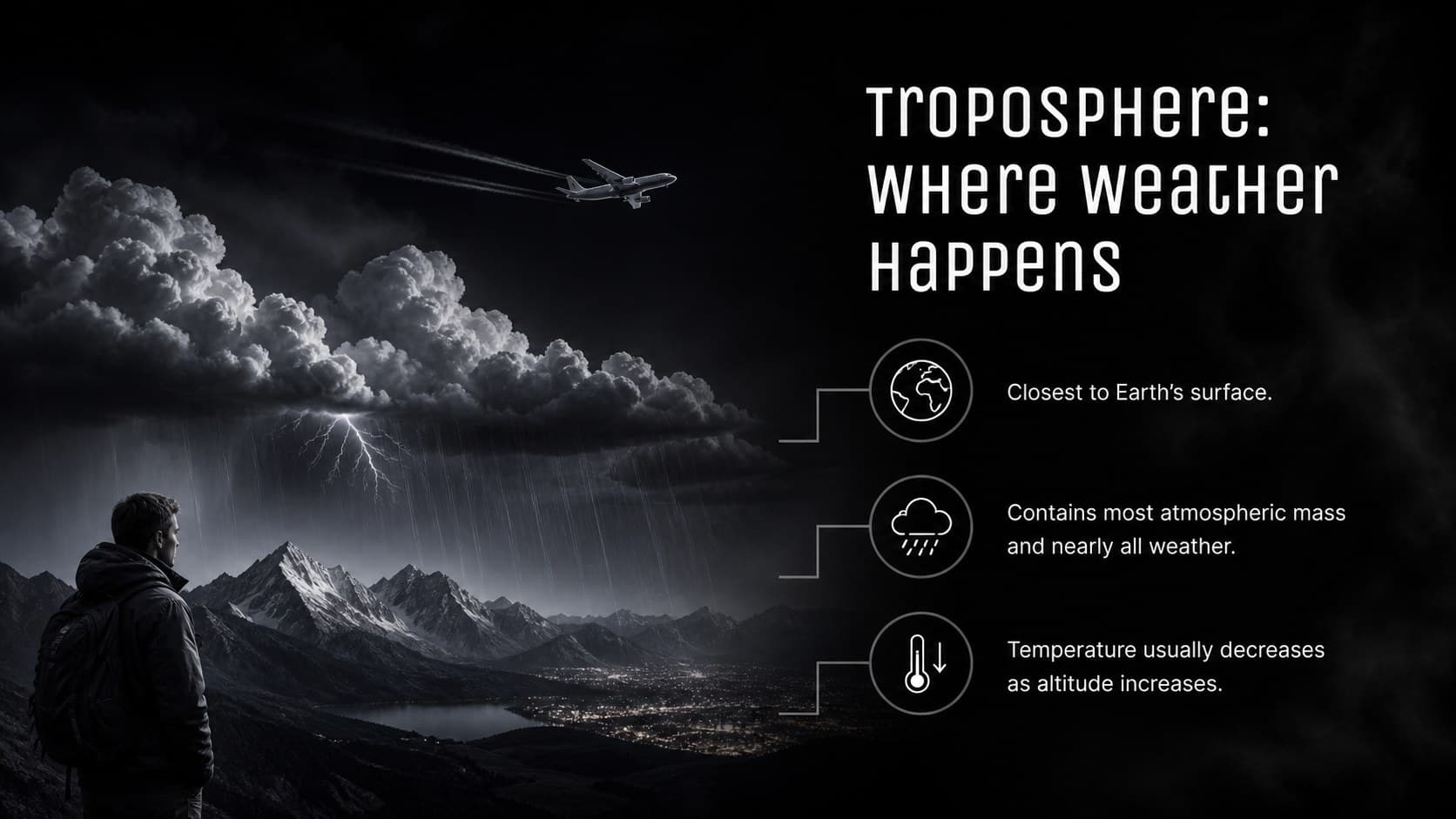 Troposphere lesson slide illustrating clouds, weather, aircraft, and life near Earth's surface.
