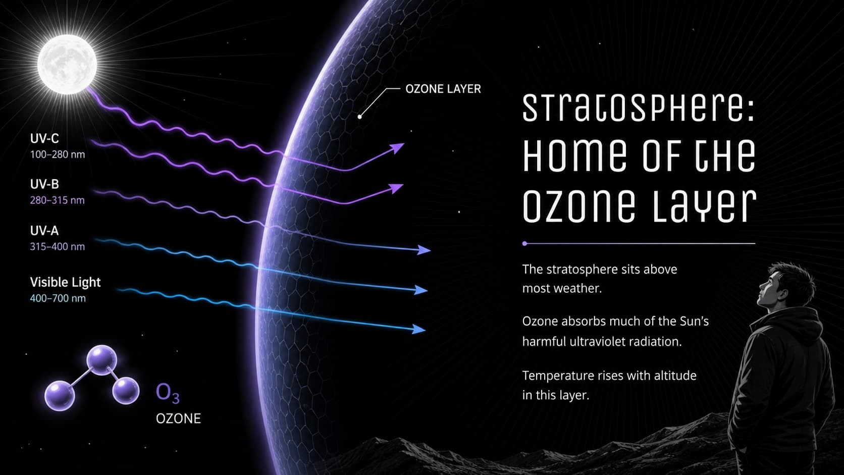 Stratosphere and ozone layer teaching slide with an ultraviolet radiation diagram.