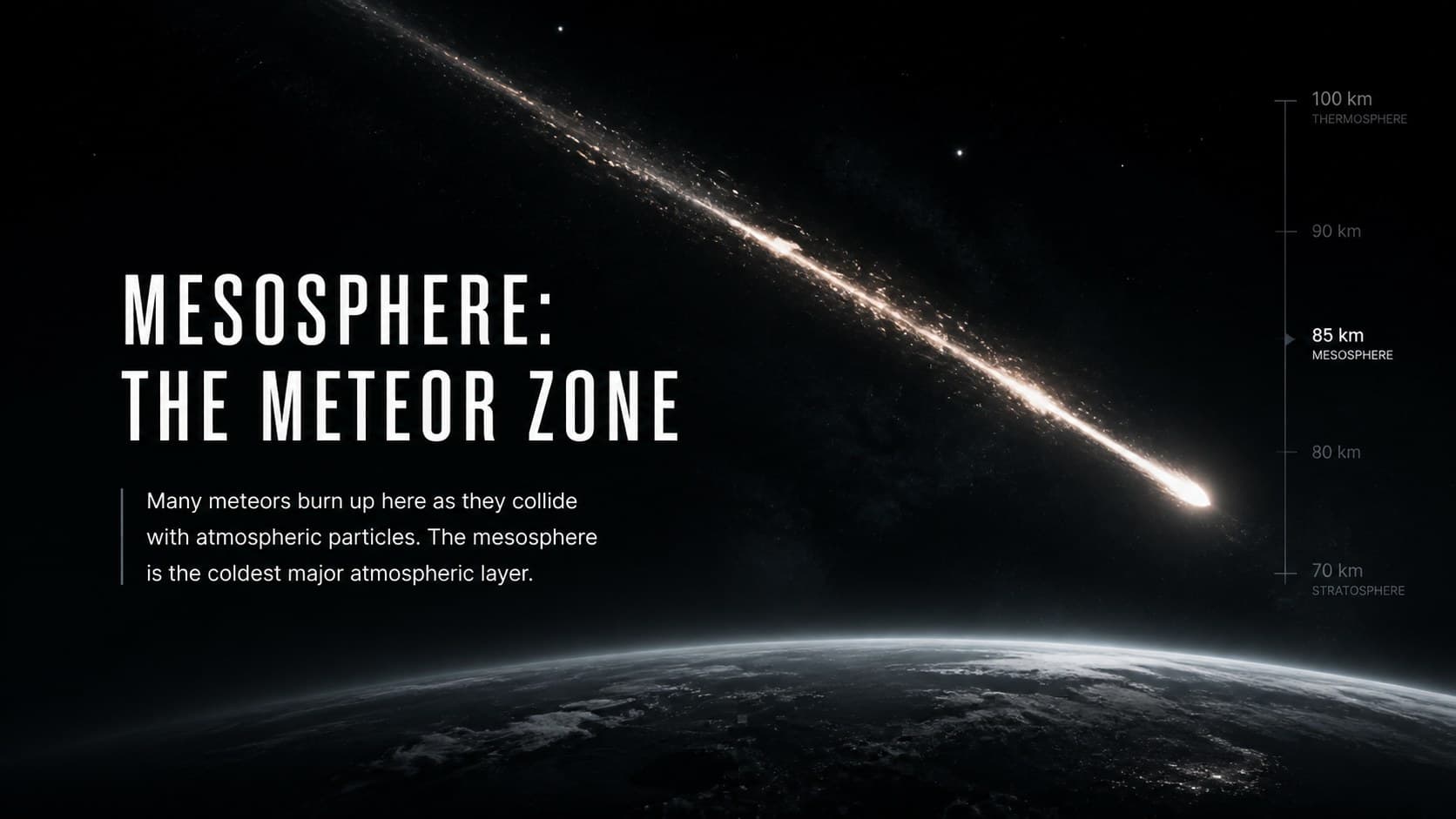 Mesosphere science slide showing meteors burning above Earth.
