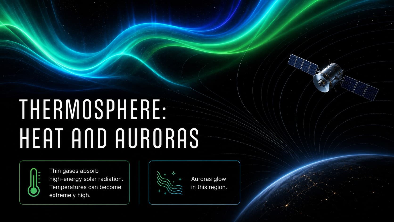 Thermosphere classroom slide featuring auroras, satellites, and high atmospheric temperatures.
