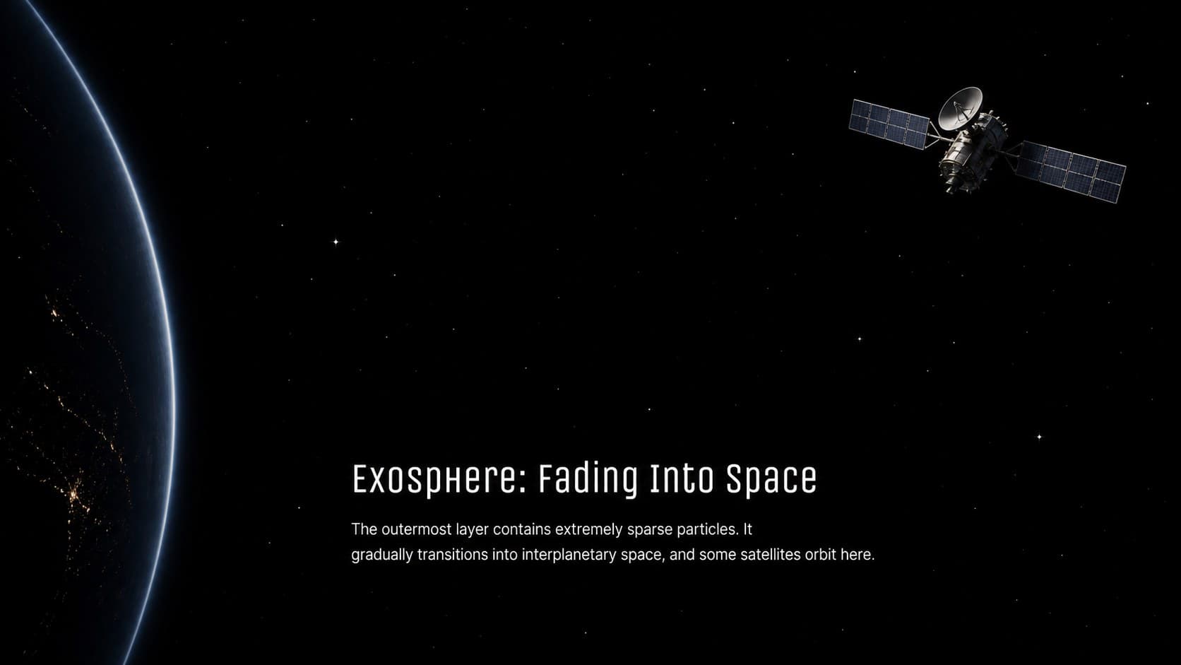 Exosphere lesson slide depicting sparse particles and satellites at the edge of space.