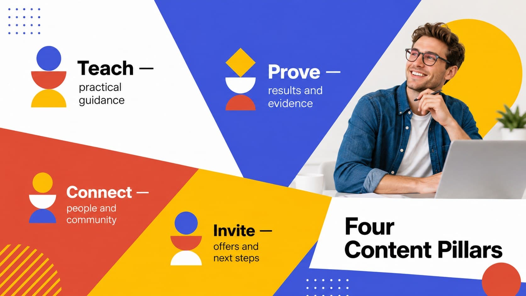 Content pillar strategy slide organizing educational, proof-driven, community, and product-focused social posts.