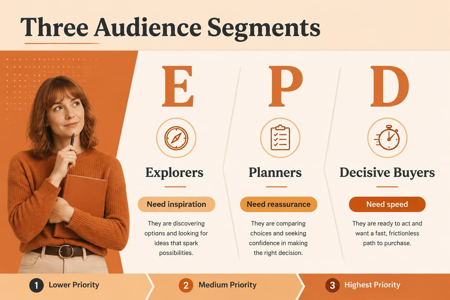 Segment comparison slide showing three audience groups and their strategic priorities.