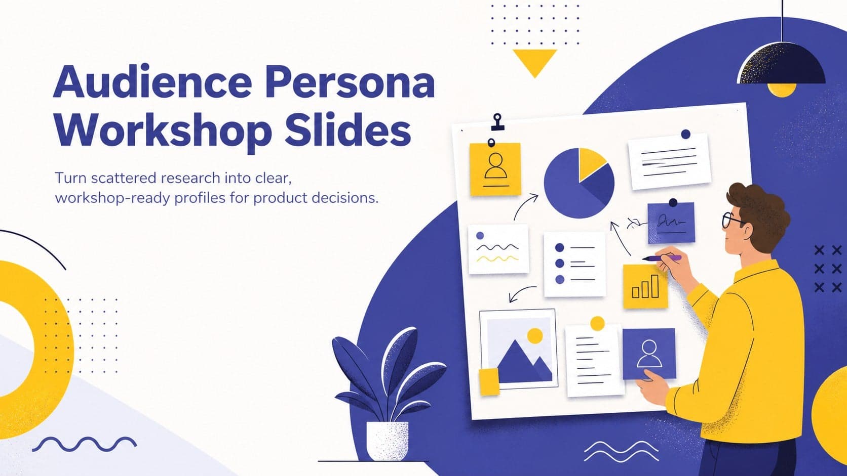 Cover for Audience Persona Workshop Slides featuring a vibrant illustrated research theme in blue and yellow.