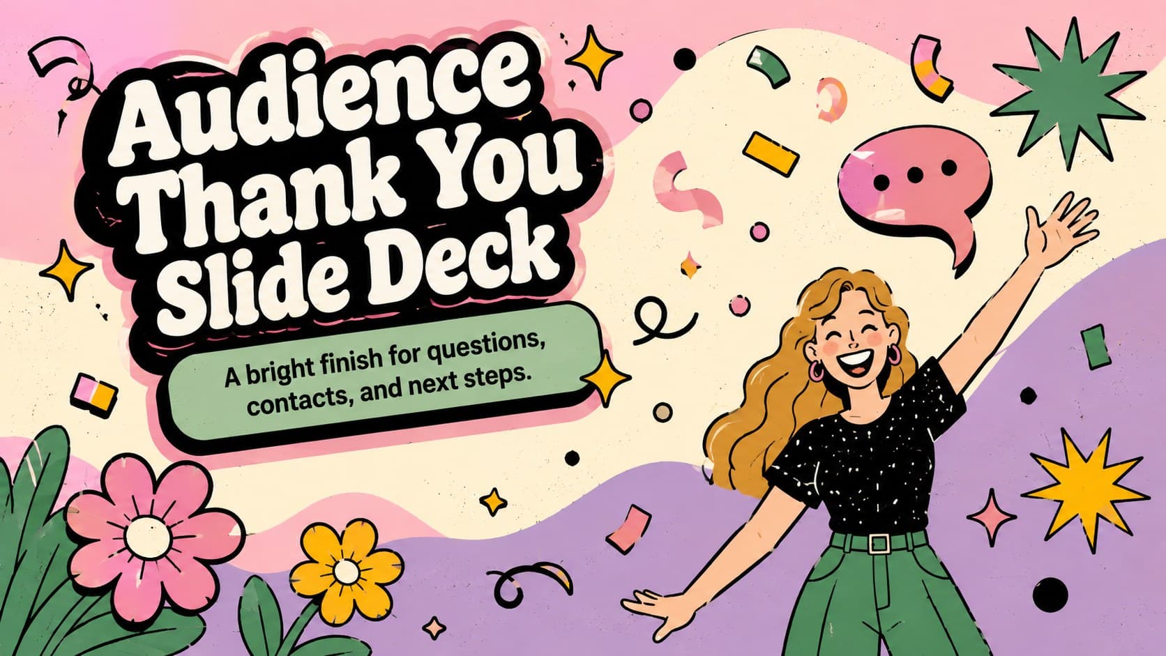 Colorful cover for an Audience Thank You Slide Deck with bold lettering and playful illustrated accents.
