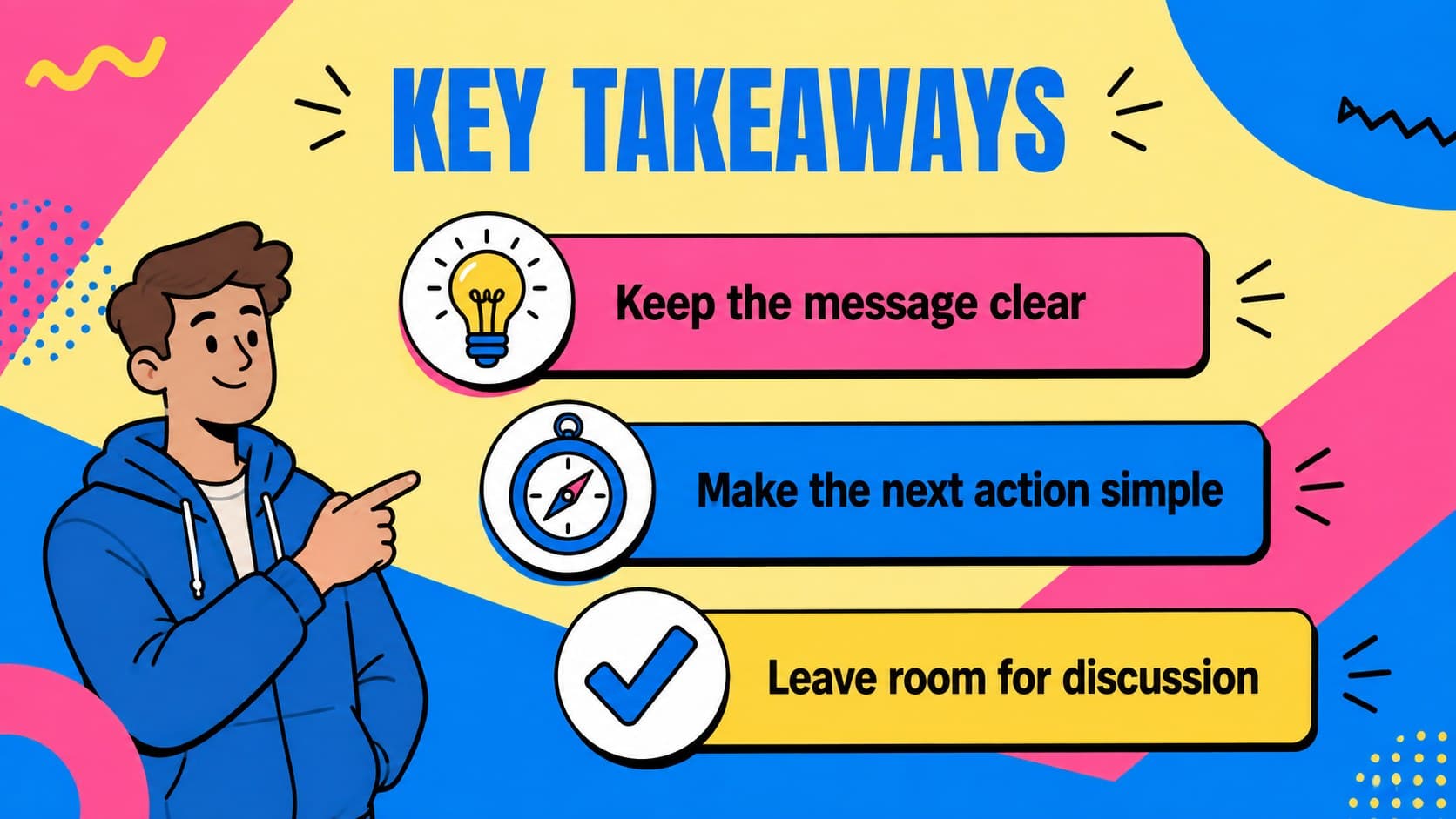Colorful presentation closing slide template summarizing three key takeaways with illustrated icons.