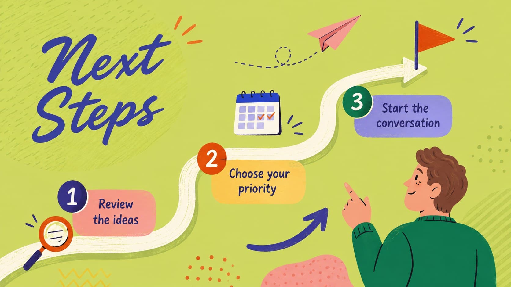 Playful next-steps presentation slide with a three-stage path for an effective talk conclusion.