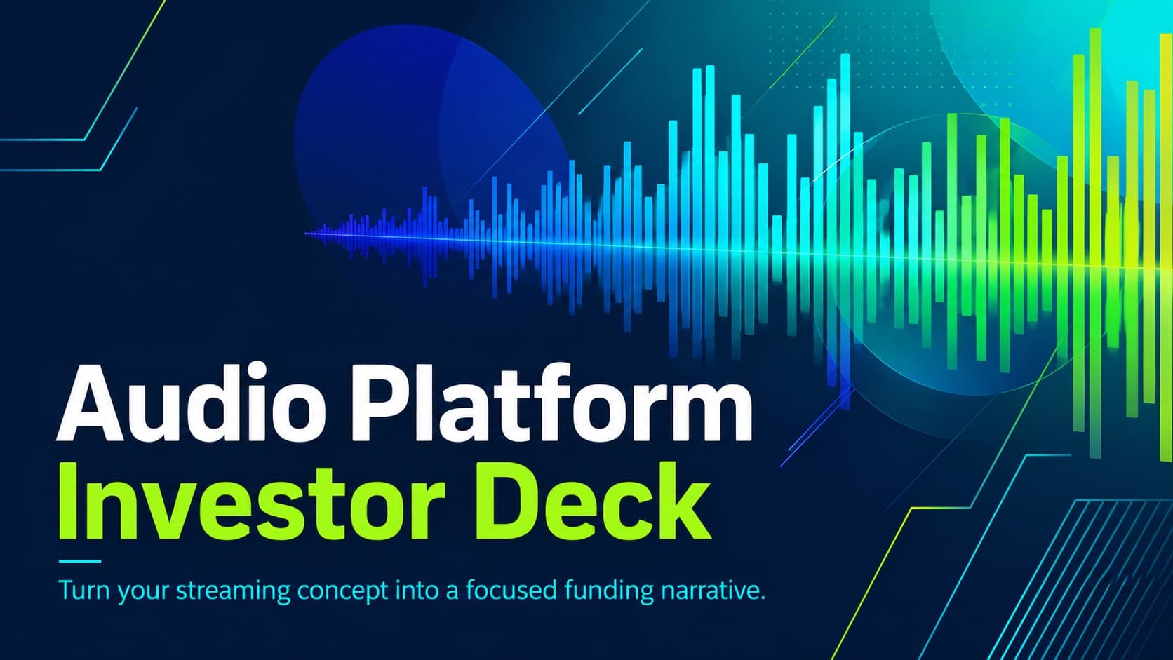 Cover of an audio platform investor deck with an electric teal-and-blue startup aesthetic.