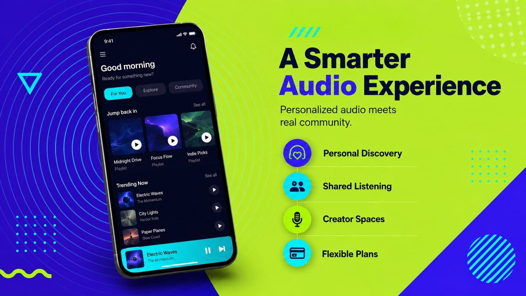 Product overview slide for digital audio startup slides with discovery and community features.