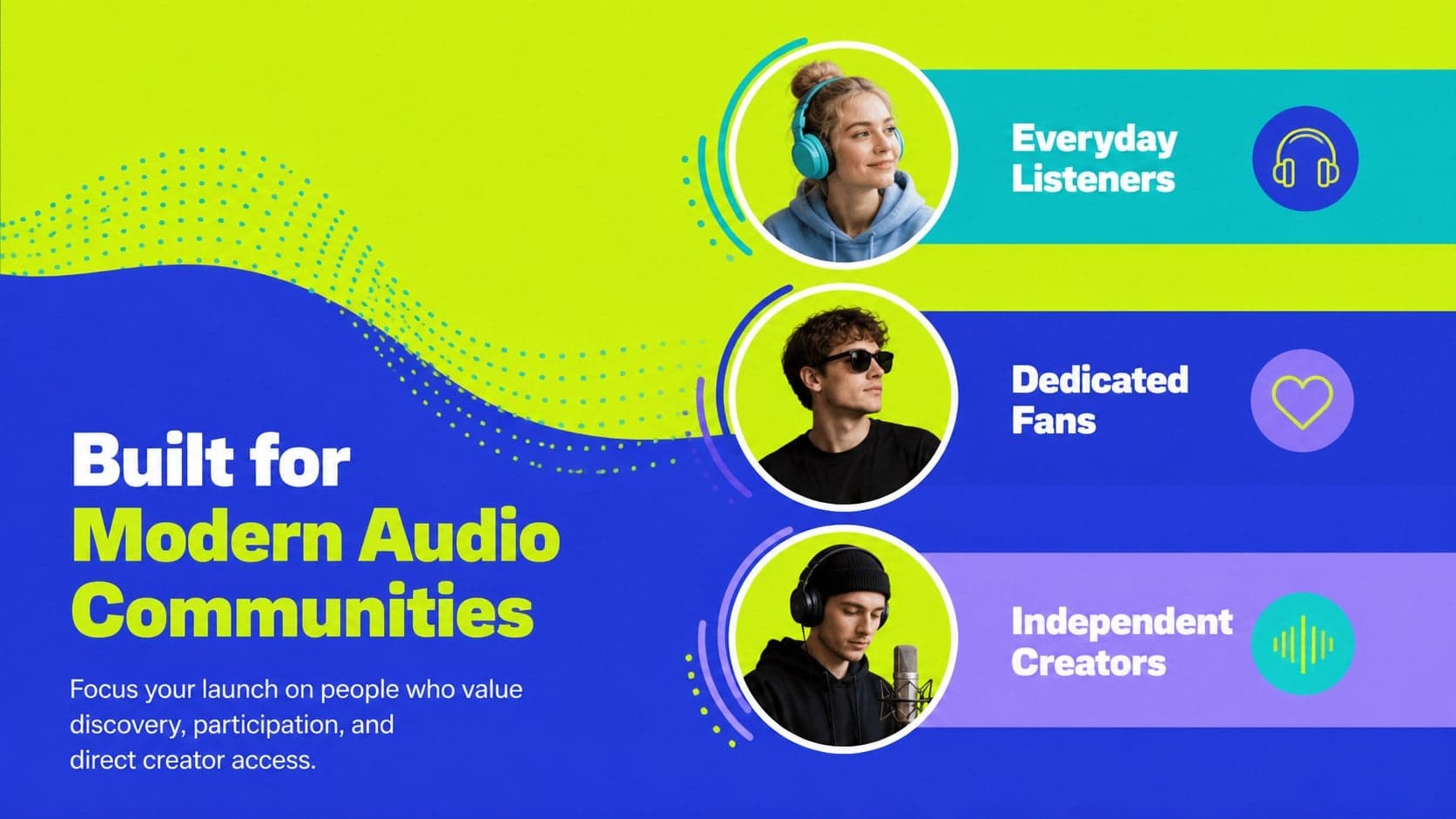 Target audience slide for an investor deck for a music platform with listener segments.