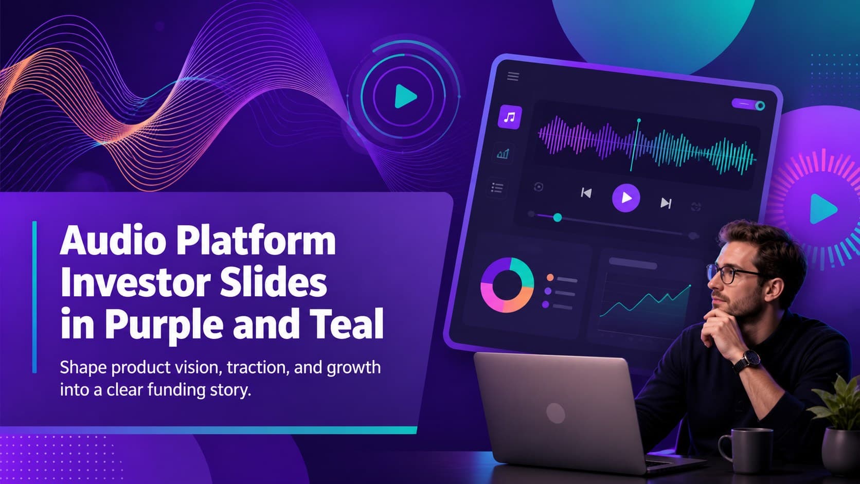 Cover for Audio Platform Investor Slides in purple and teal with abstract sound graphics and a modern funding-story subtitle.
