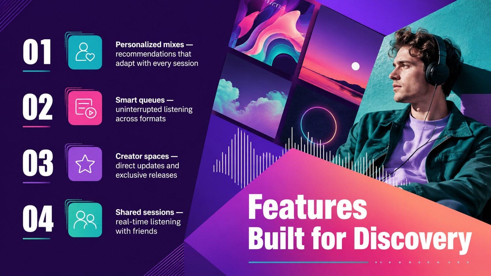 Music discovery app feature overview with personalization, smart queues, creator spaces, and social listening.