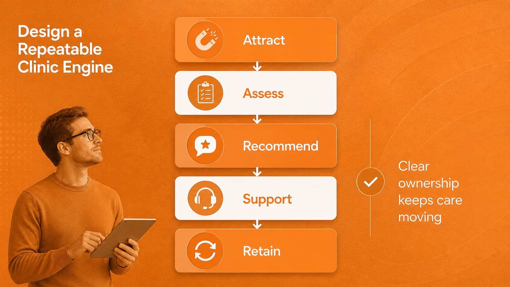 Operating model slide mapping the workflow of a growing audiology clinic.