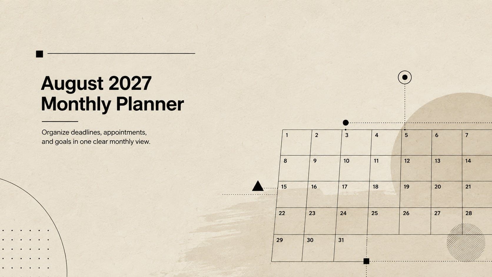 Cover for an August 2027 monthly planner with minimalist beige-and-black typography and calendar-inspired details.